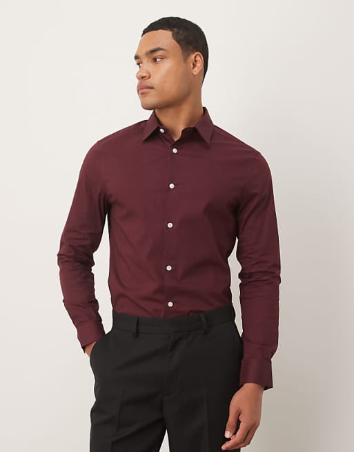 DESIGN skinny stretch work shirt in burgundy