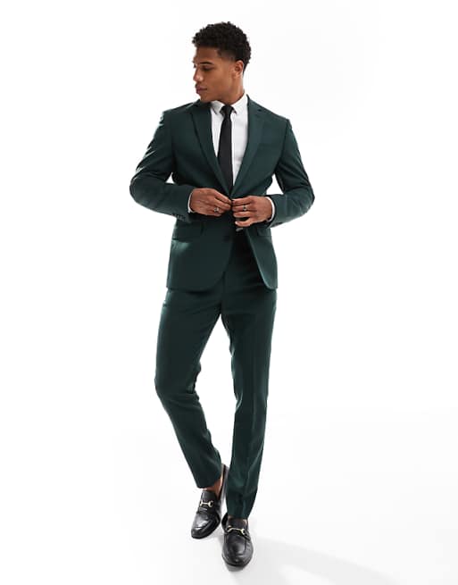 DESIGN skinny suit in dark green herringbone