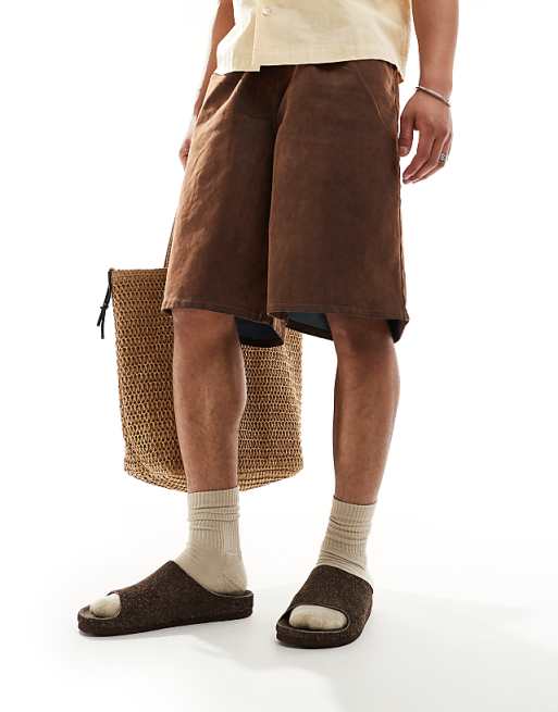 DESIGN Slider Sandals In Brown Hairy Suede