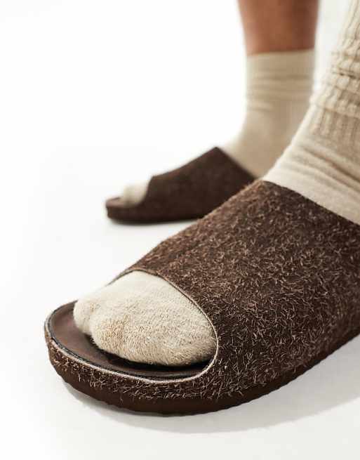 DESIGN Slider Sandals In Brown Hairy Suede