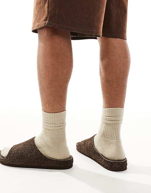 DESIGN Slider Sandals In Brown Hairy Suede