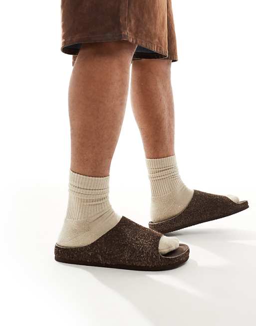 DESIGN slider sandals in brown hairy suede