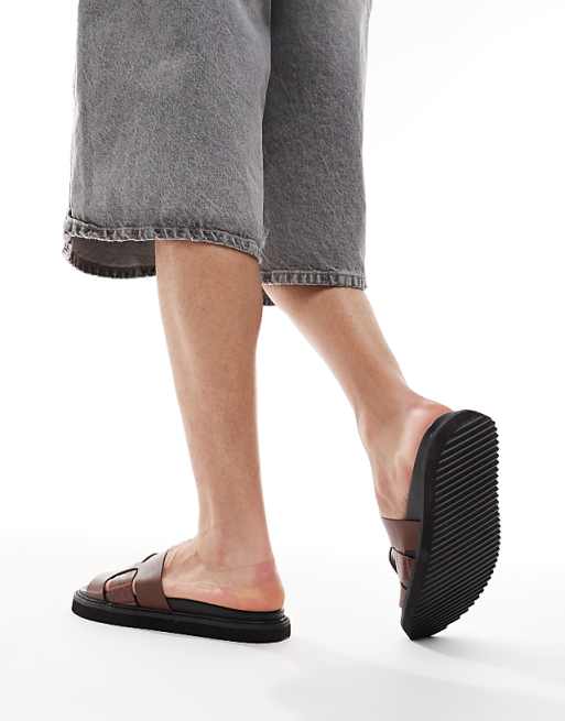 DESIGN Slider Sandals In Brown With Cleated Sole