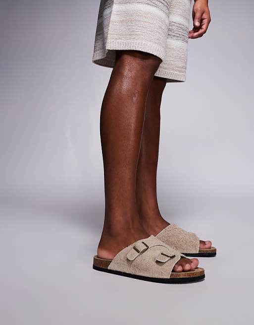 DESIGN Slider Sandals In Stone Hairy Suede