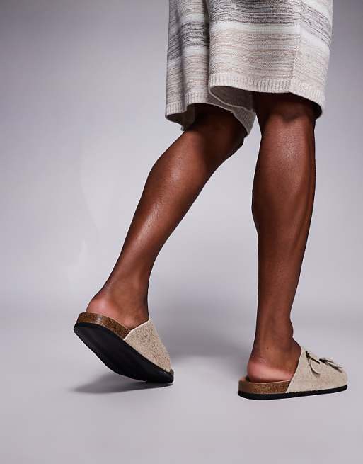 DESIGN Slider Sandals In Stone Hairy Suede