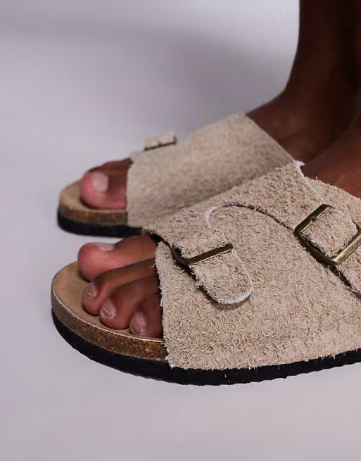 DESIGN Slider Sandals In Stone Hairy Suede
