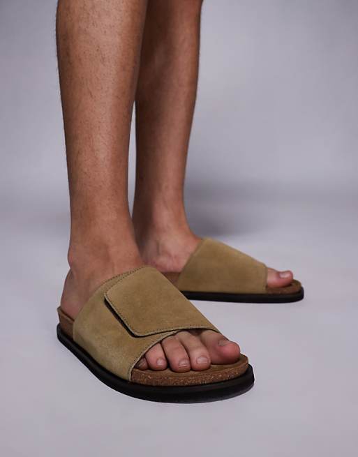 DESIGN Slider Sandals In Stone Suede With Cork Sole