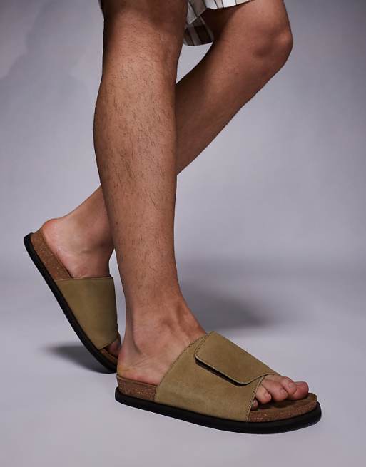 DESIGN slider sandals in stone suede with cork sole