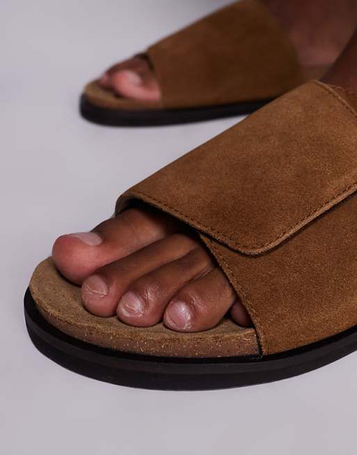 DESIGN Slider Sandals In Tan Suede With Cork Sole