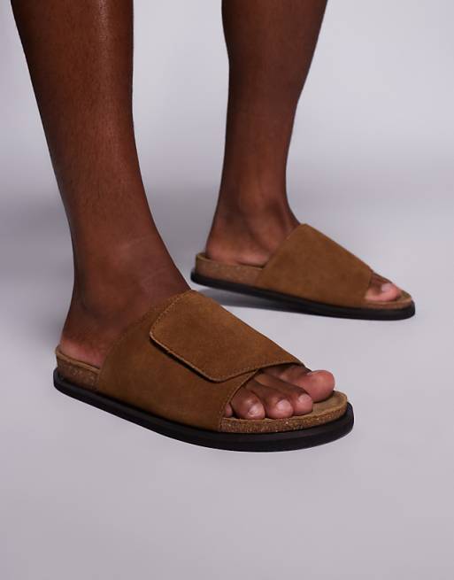 DESIGN slider sandals in tan suede with cork sole
