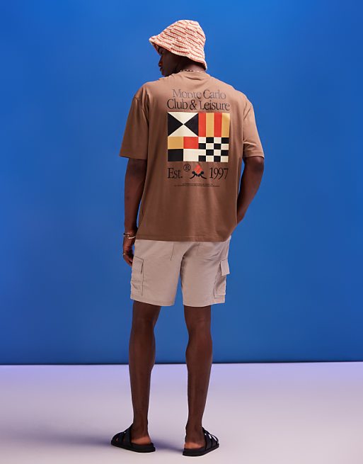 DESIGN Slim Cargo Short In Neutral Linen Texture