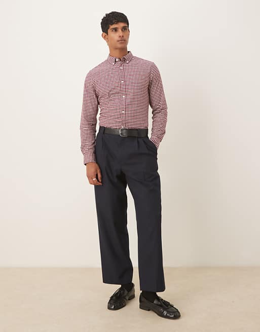 DESIGN Slim Fit Check Shirt In Burgundy