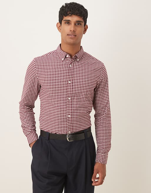DESIGN slim fit check shirt in burgundy