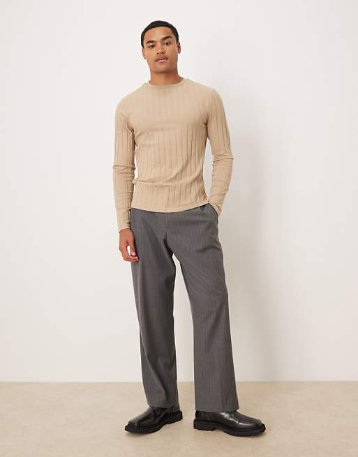 DESIGN Slim Fit Long Sleeve T-shirt In Beige Wide Rib