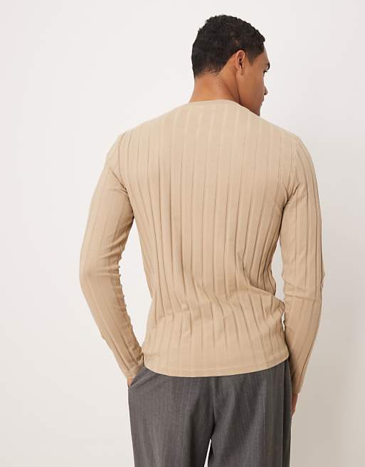 DESIGN Slim Fit Long Sleeve T-shirt In Beige Wide Rib
