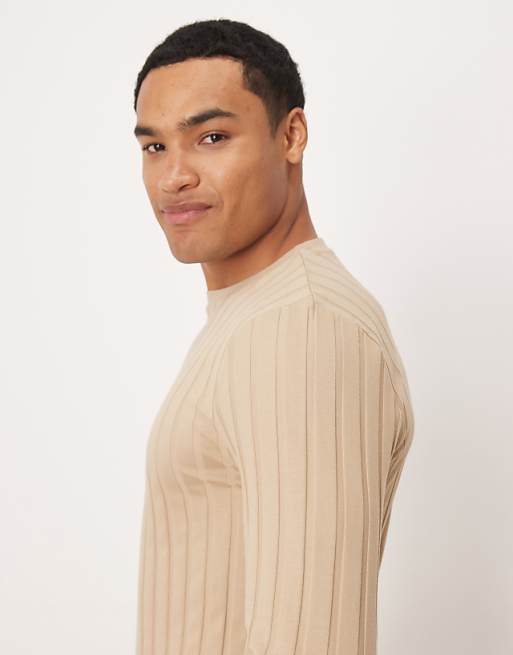 DESIGN Slim Fit Long Sleeve T-shirt In Beige Wide Rib