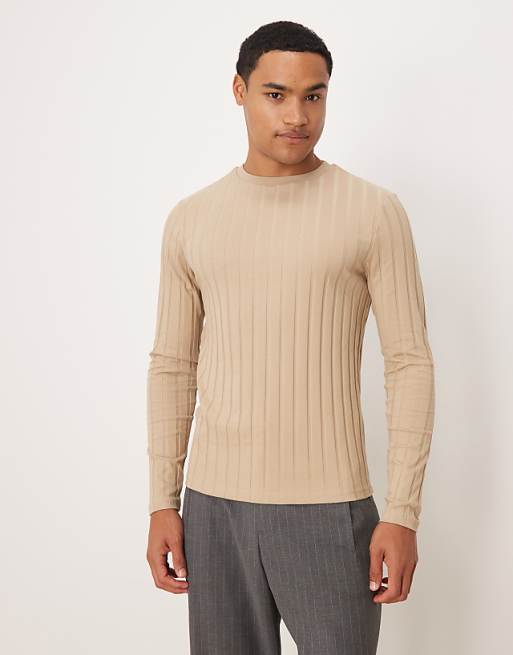DESIGN slim fit long sleeve t-shirt in beige wide rib