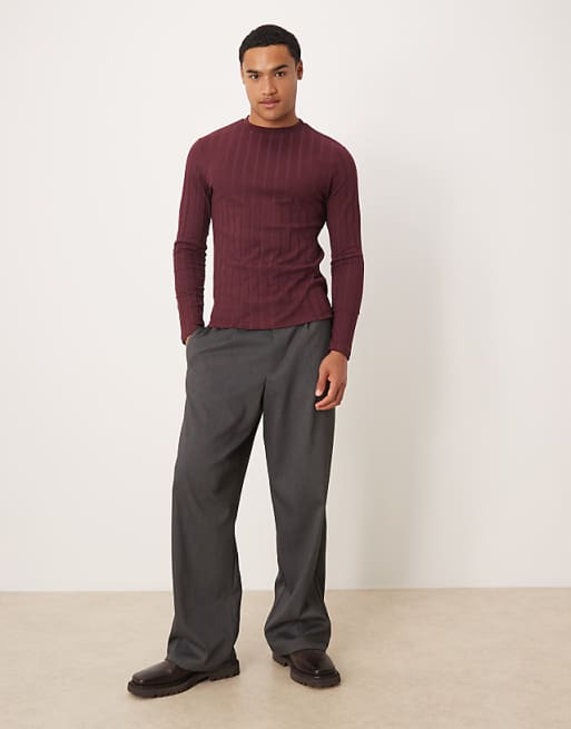 DESIGN Slim Fit Long Sleeve T-shirt In Burgundy Wide Rib