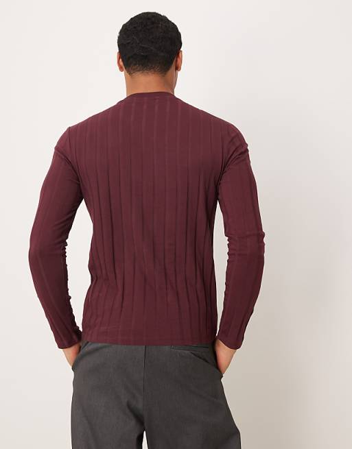 DESIGN Slim Fit Long Sleeve T-shirt In Burgundy Wide Rib