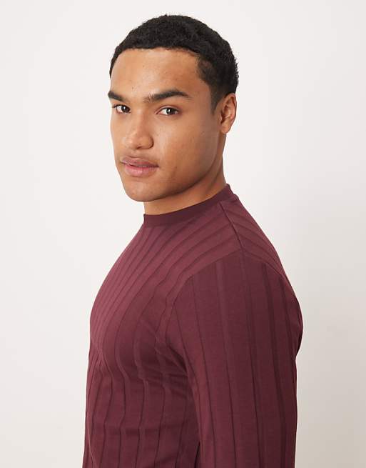 DESIGN Slim Fit Long Sleeve T-shirt In Burgundy Wide Rib