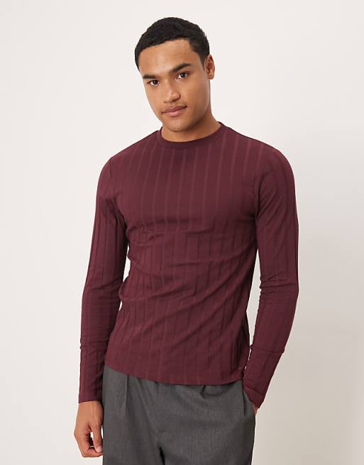 DESIGN slim fit long sleeve t-shirt in burgundy wide rib