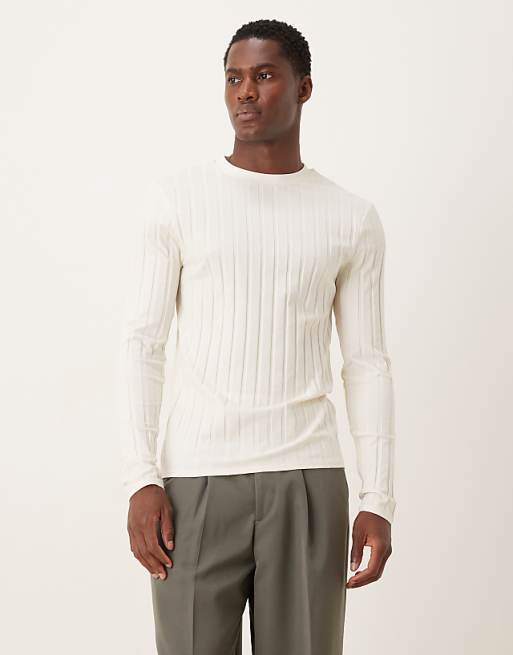 DESIGN slim fit long sleeve t-shirt in cream wide rib