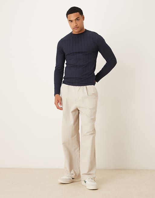 DESIGN Slim Fit Long Sleeve T-shirt In Navy Wide Rib