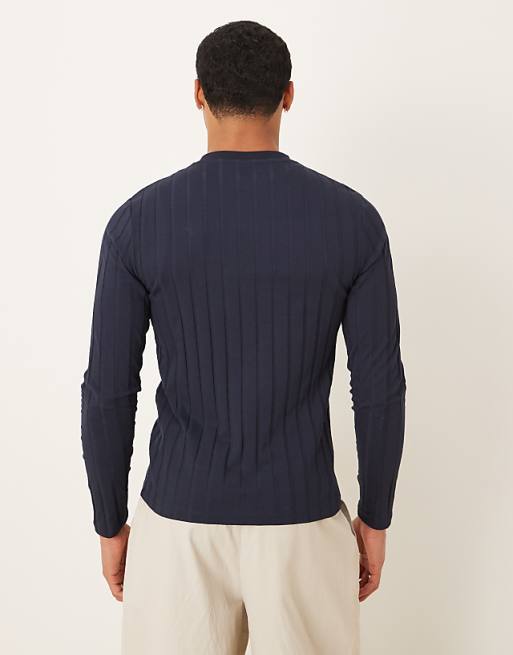DESIGN Slim Fit Long Sleeve T-shirt In Navy Wide Rib