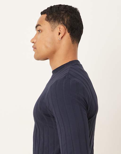 DESIGN Slim Fit Long Sleeve T-shirt In Navy Wide Rib