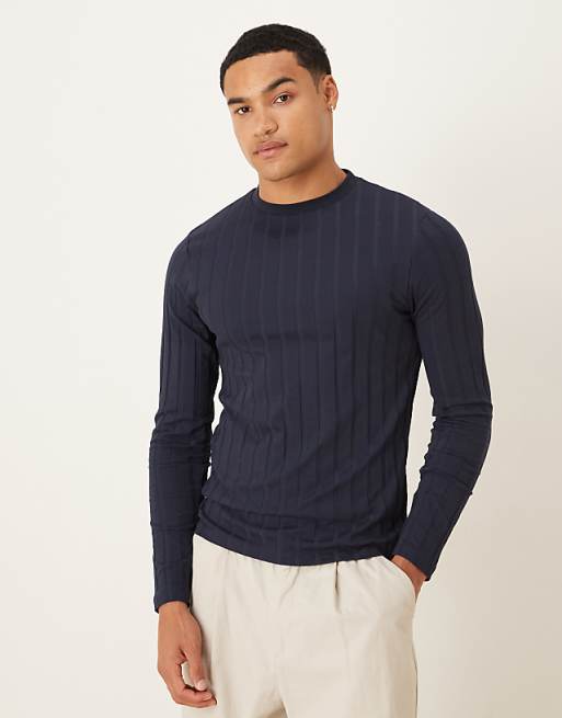 DESIGN slim fit long sleeve t-shirt in navy wide rib
