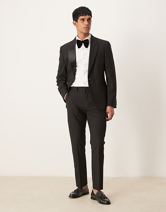 DESIGN slim fit tuxedo trousers in black