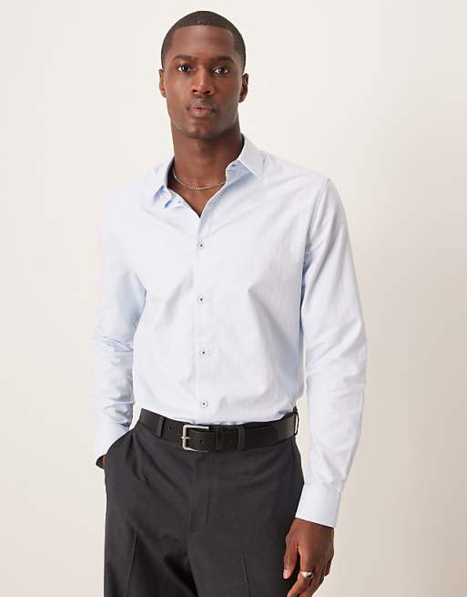 DESIGN slim herringbone shirt in blue