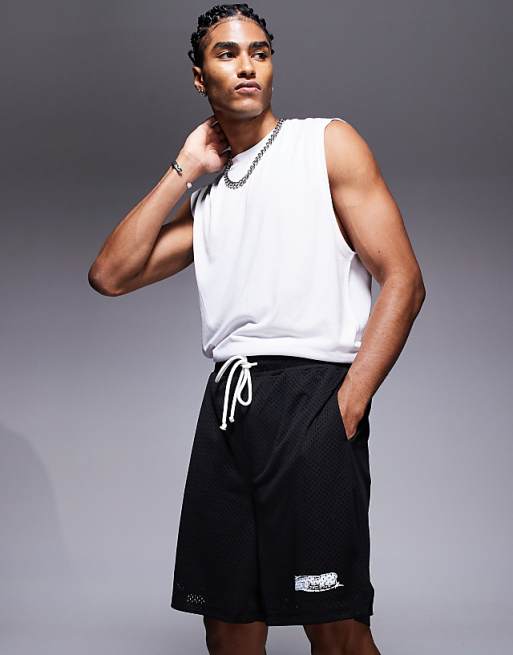 DESIGN slim mesh texture short with print in navy