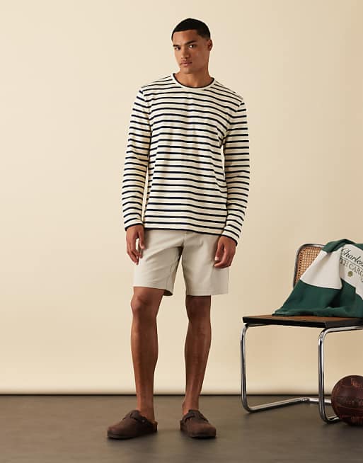 DESIGN Slim Mid Length Linen Blend Shorts In Stone