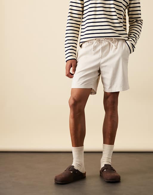 DESIGN slim mid length linen blend shorts in stone