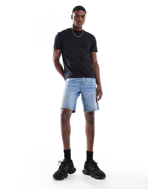 DESIGN slim regular length denim short in light wash blue