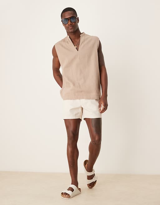 DESIGN slim shorter length linen blend bermuda shorts in stone