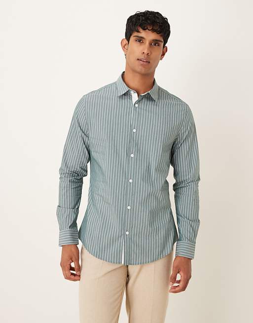 DESIGN Slim Stripe Shirt With Contrast Cuff In Green
