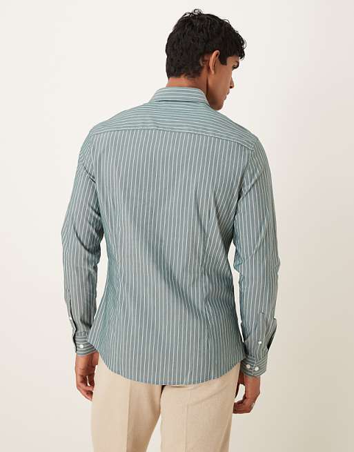 DESIGN Slim Stripe Shirt With Contrast Cuff In Green