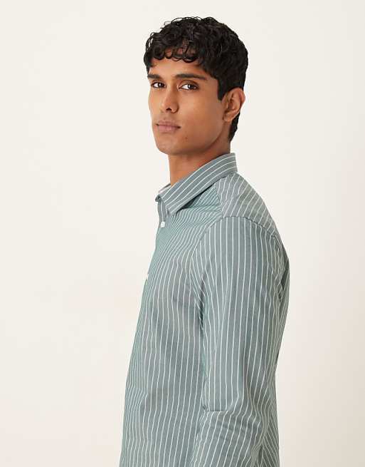 DESIGN Slim Stripe Shirt With Contrast Cuff In Green