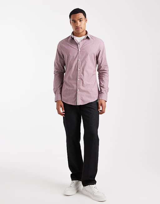 DESIGN Slim Stripe Shirt With Contrast Cuff In Red