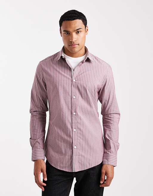 DESIGN slim stripe shirt with contrast cuff in red