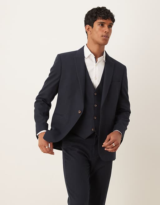 DESIGN Slim Suit In Navy Herringbone Wool Look
