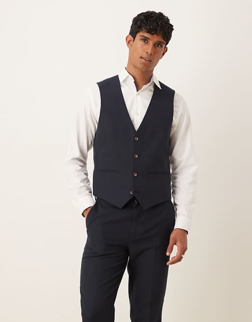 DESIGN Slim Suit In Navy Herringbone Wool Look
