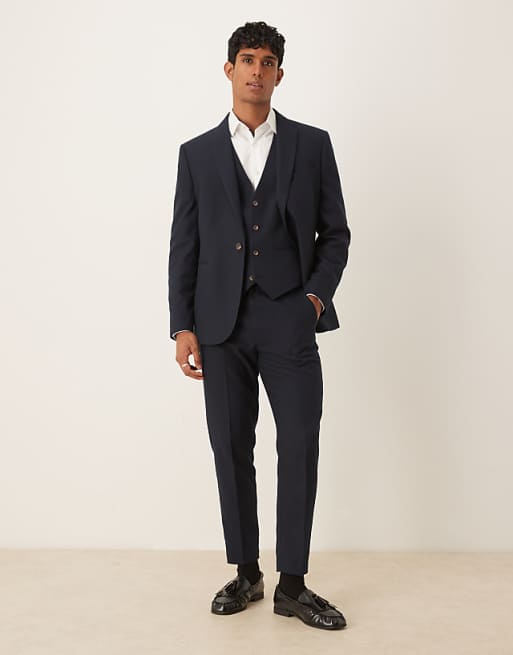 DESIGN Slim Suit In Navy Herringbone Wool Look