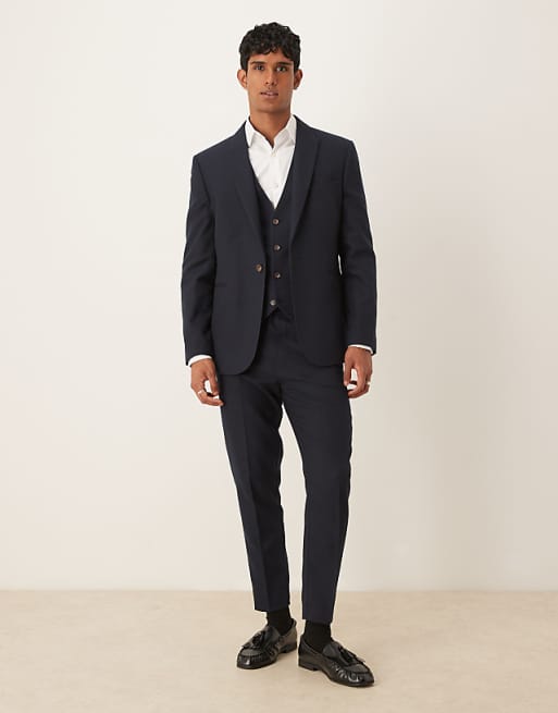 DESIGN slim suit in navy herringbone wool look