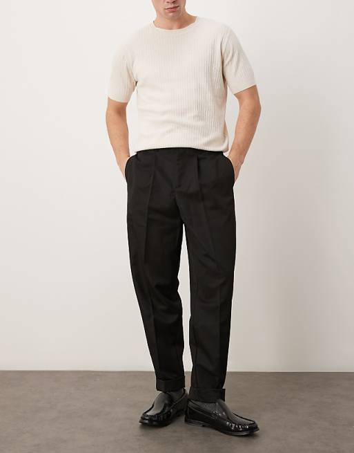 DESIGN Smart Carrot Fit Trousers With Double Button Waistband In Black