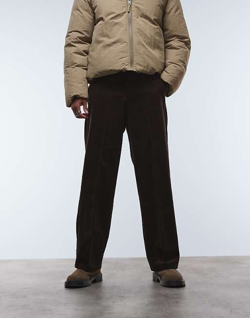 DESIGN Smart Cotton Rich Wide Leg Corduroy Trousers In Brown With Side Adjusters