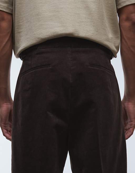 DESIGN Smart Cotton Rich Wide Leg Corduroy Trousers In Brown With Side Adjusters