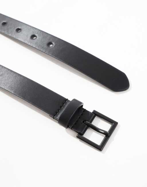 DESIGN Smart Faux Leather Skinny Belt With Matte Black Buckle In Black